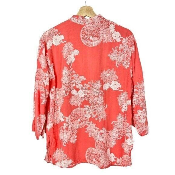 Natori Coral Pink White Floral 3/4 Long Sleeve Blouse S - Picture 2 of 3